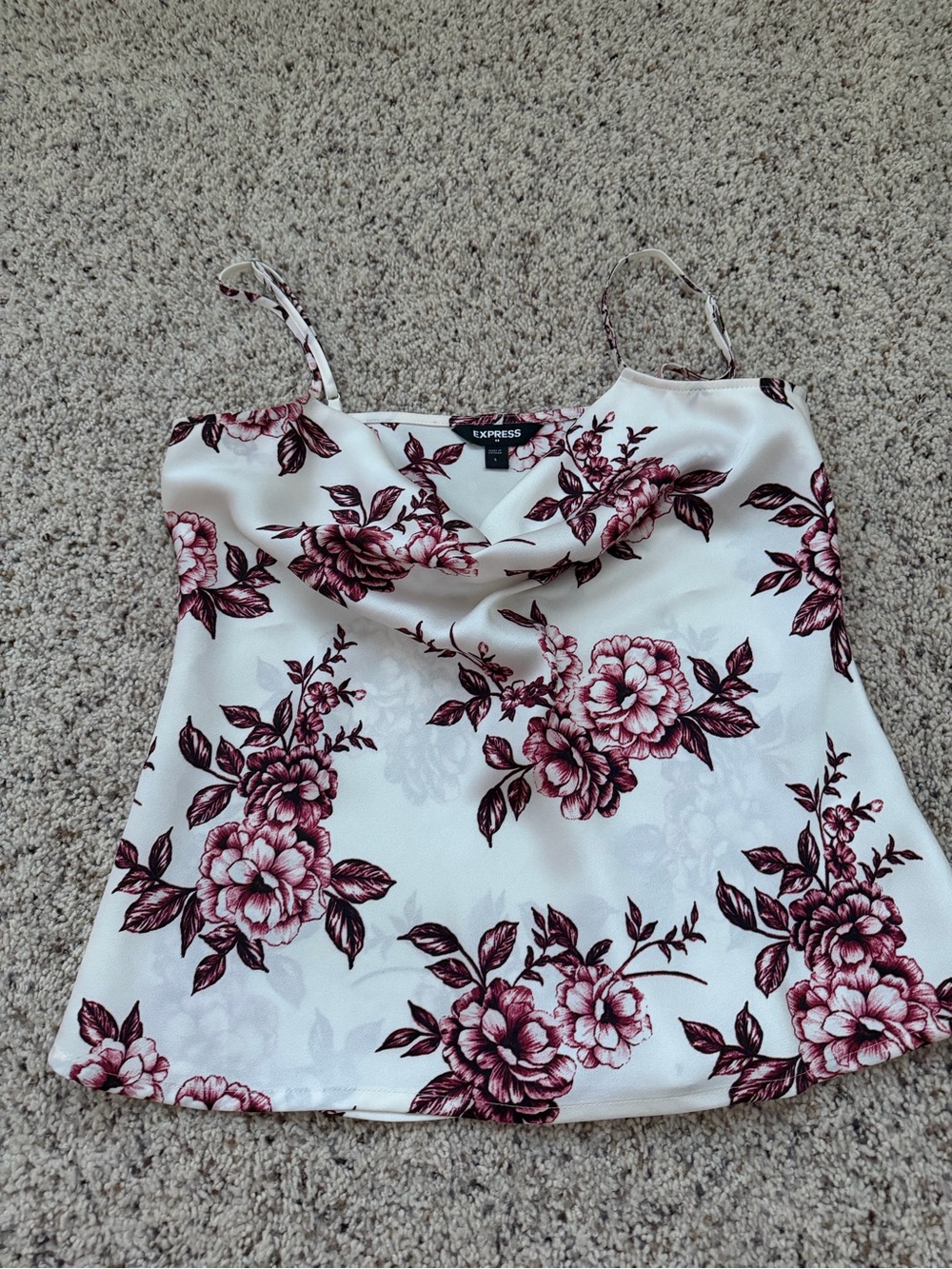 Express White Floral Cowl Neck Camisole - Burgundy Floral Print